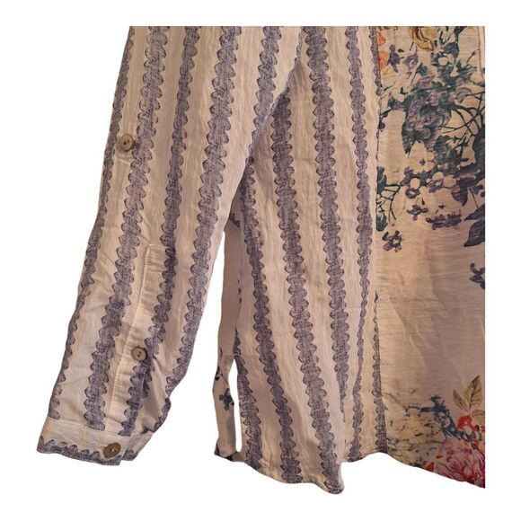 John Mark Tunic Blouse Top Mixed Print Floral Stripes Roll Tab Sleeves size M - Picture 9 of 12